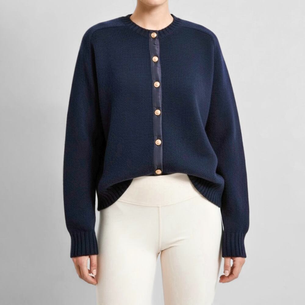 90s 100% Lambswool Cardigan Sweater Navy Nautical Academia Old Money Heritage 38